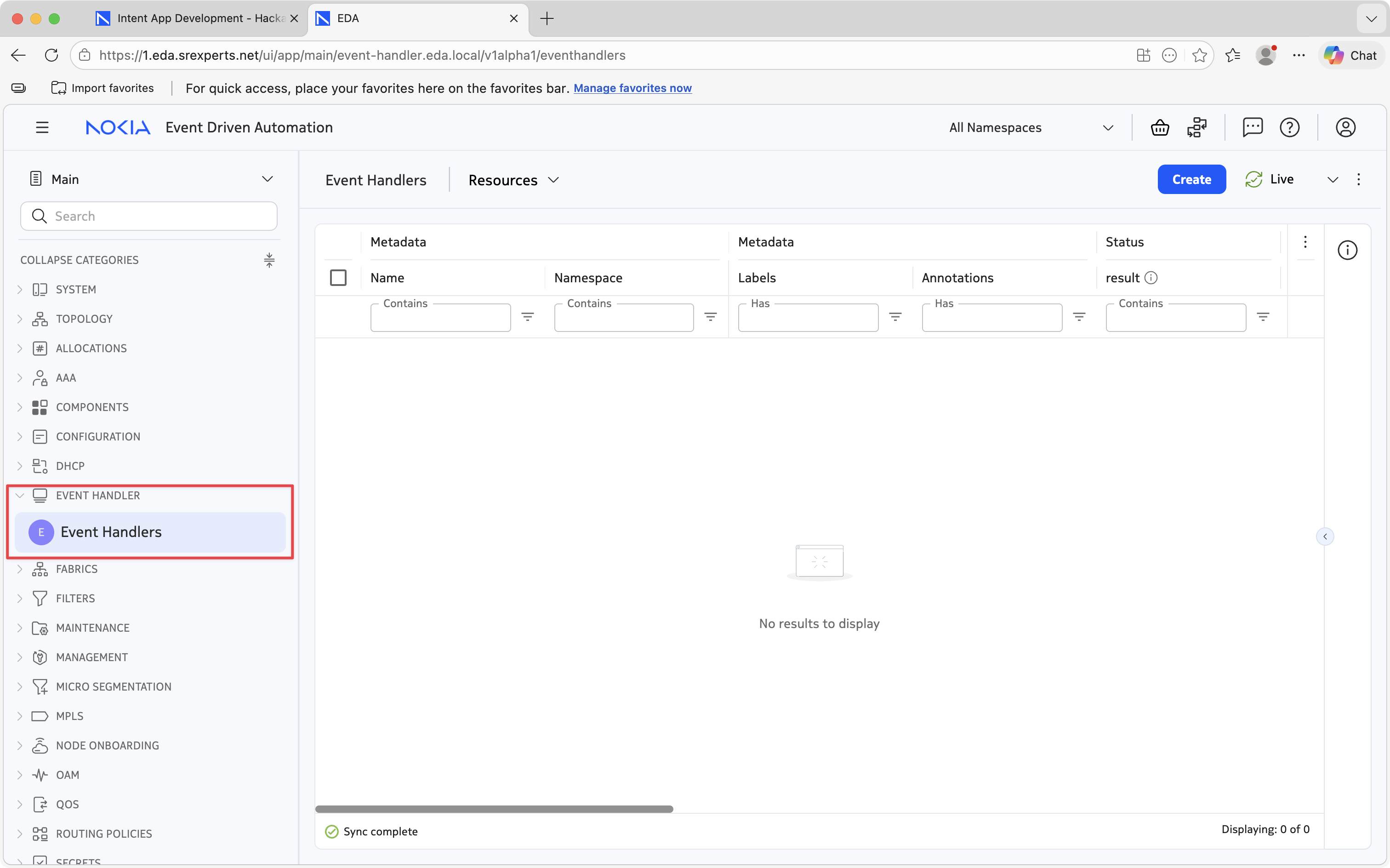 Event Handler app in the EDA UI