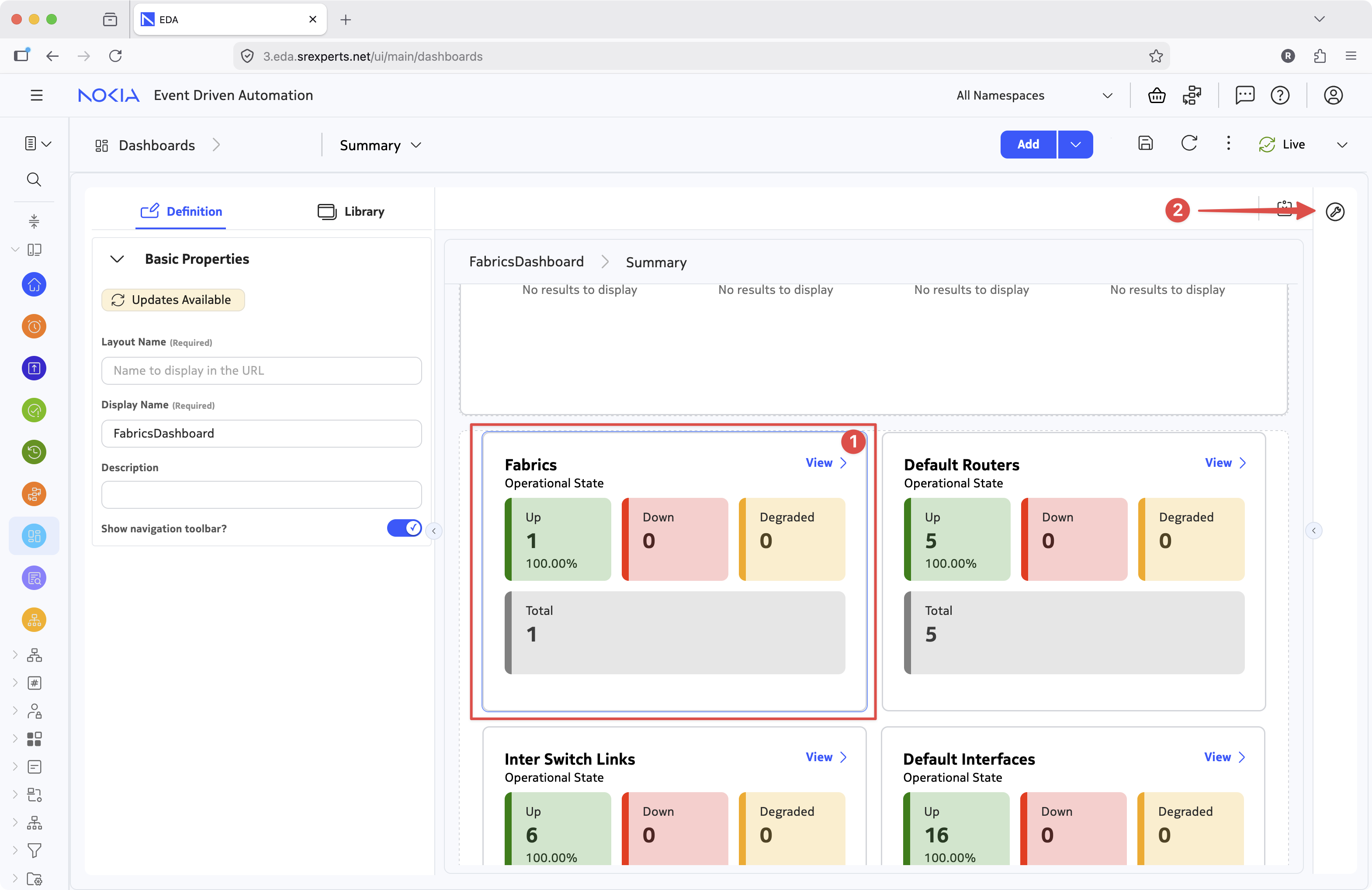 Fabrics summary dashboard in the designer mode