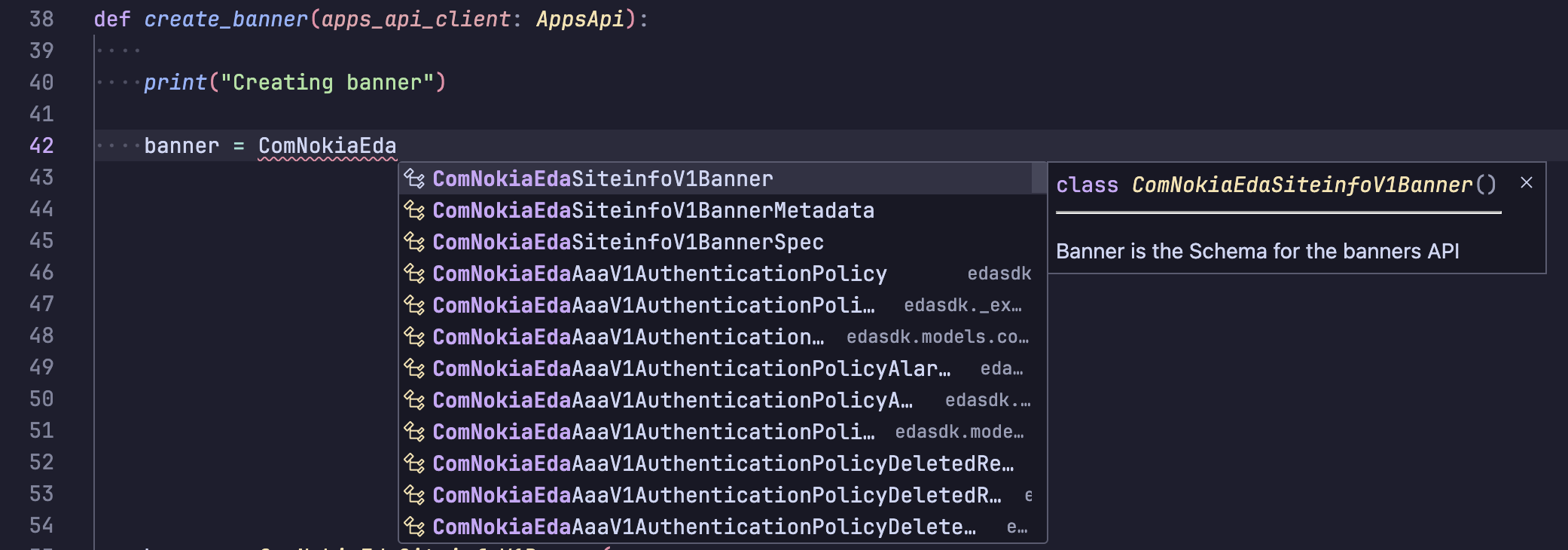 Python SDK code completions