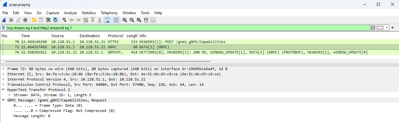 Fig. 2 - gnmic capabilities packet capture